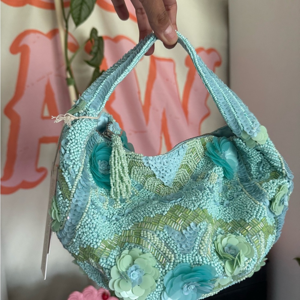Floral Beaded Handbag - Mint Green